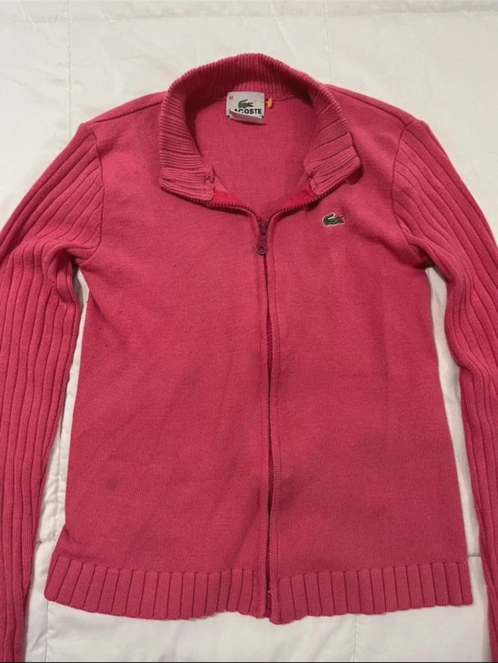 Lacoste Women's Ribbed Sleeve Pink Zip Cardigan